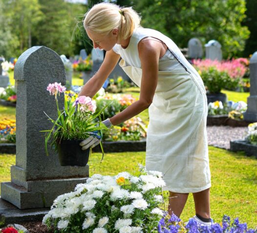 En kvinna i vit klänning placerar blommor på en gravsten omgiven av gröna växter.