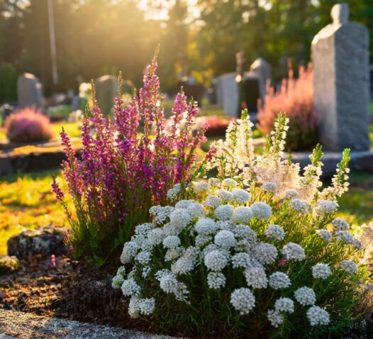 Vita och lila blommor dekorerar en gravplats på en solbelyst kyrkogård.