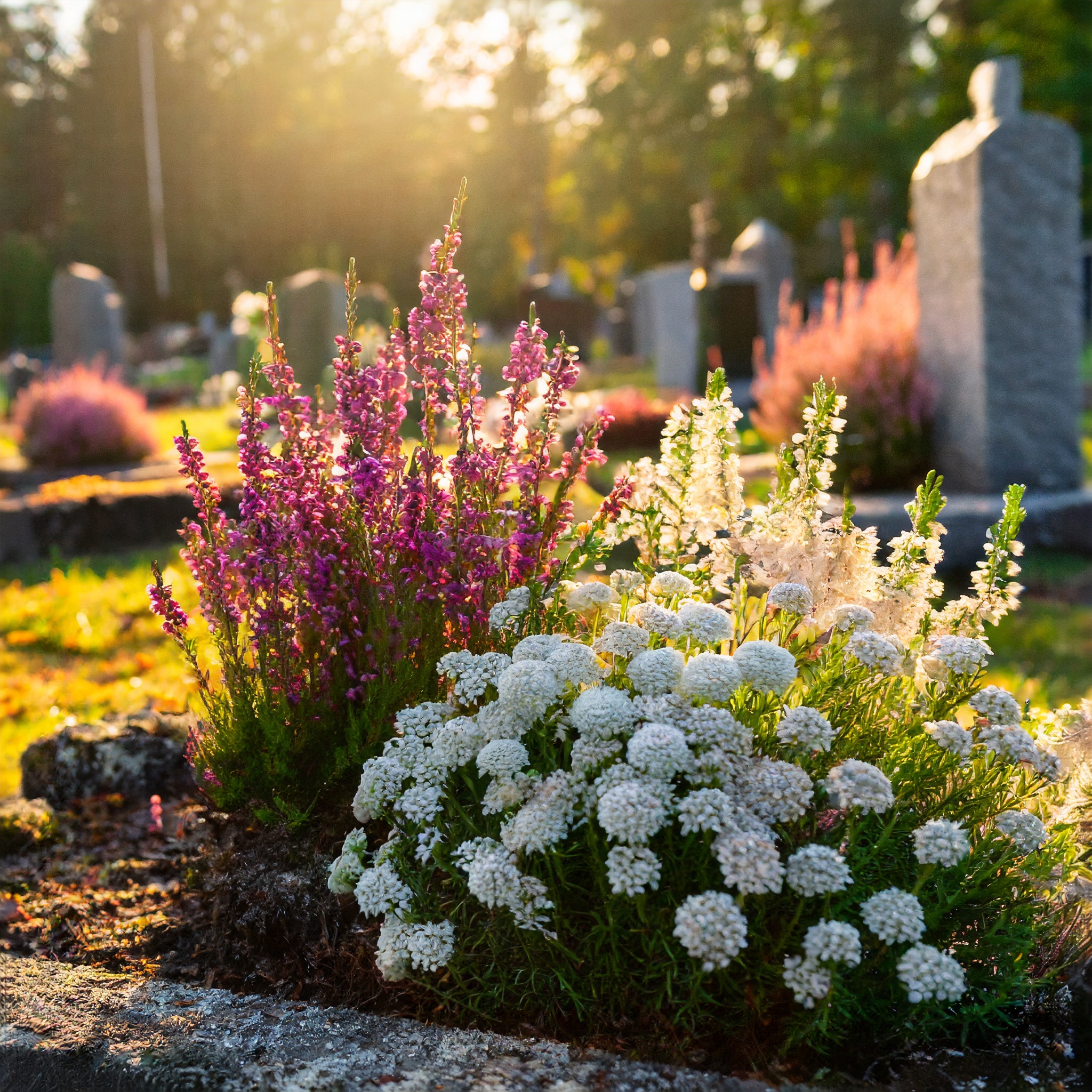 Vita och lila blommor dekorerar en gravplats på en solbelyst kyrkogård.